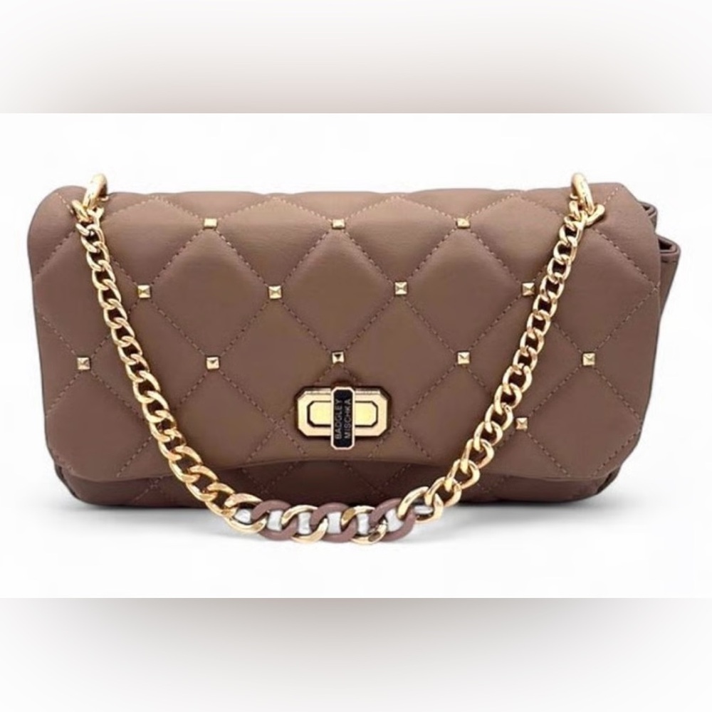 Badgley Mischka Elegant Brown Quilted Chain Shoulder Bag.